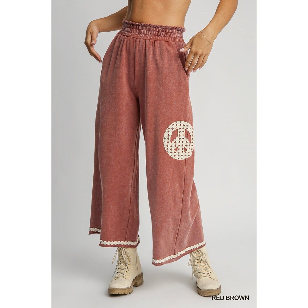 Umgee Small Peace Patch Wide Leg Pants Mineral Wash Crochet Pull-On Boho NWT